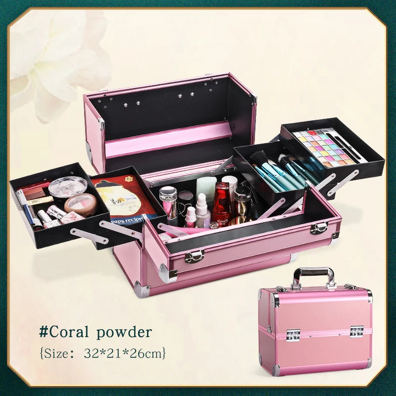 Makeup Train Box With Professional Adjustable 4 Trays Makeup Box Makeup Storage Box With Lock And Compartment