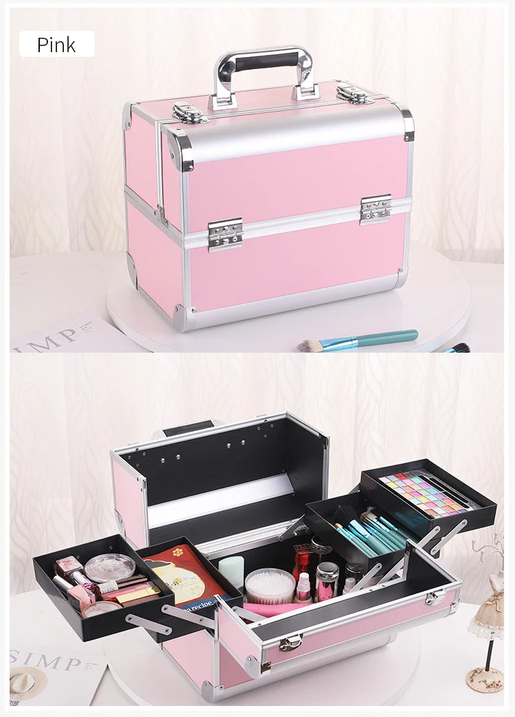 Makeup Train Box With Professional Adjustable 4 Trays Makeup Box Makeup Storage Box With Lock And Compartment