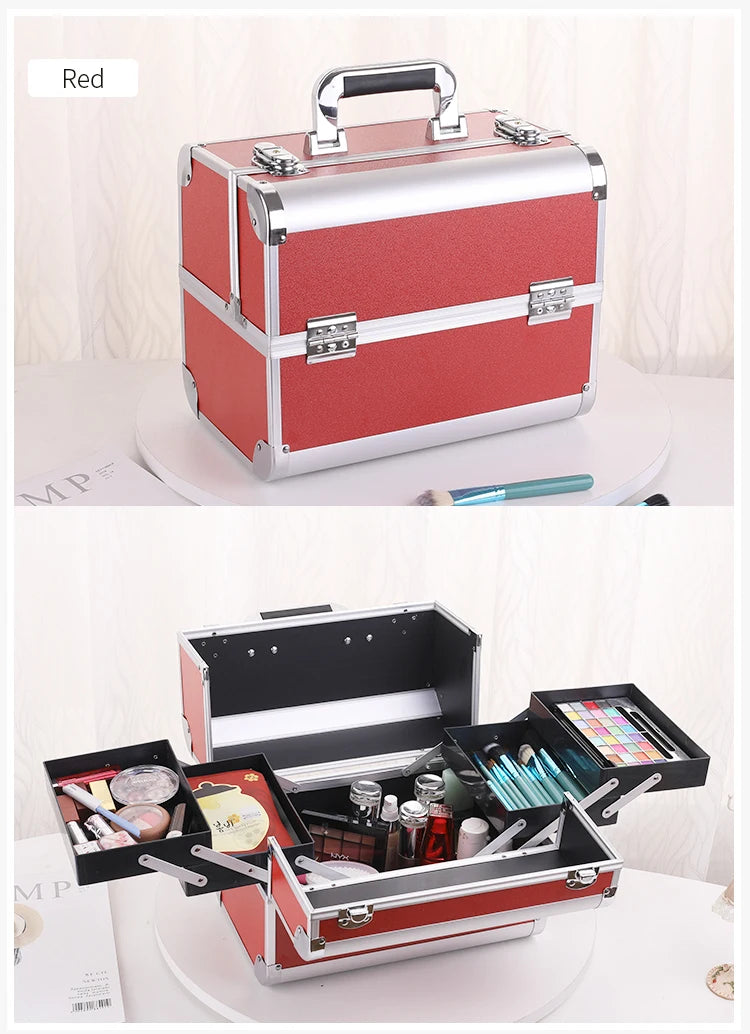 Makeup Train Box With Professional Adjustable 4 Trays Makeup Box Makeup Storage Box With Lock And Compartment