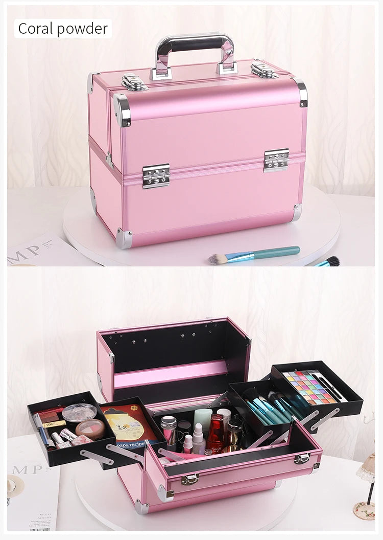 Makeup Train Box With Professional Adjustable 4 Trays Makeup Box Makeup Storage Box With Lock And Compartment