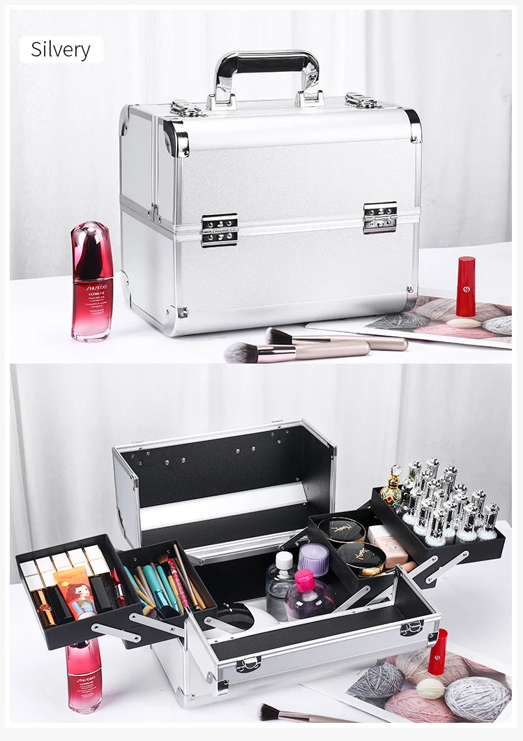 Makeup Train Box With Professional Adjustable 4 Trays Makeup Box Makeup Storage Box With Lock And Compartment