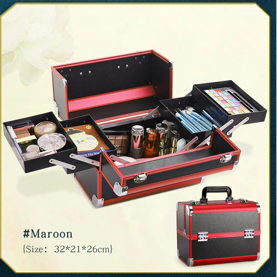 Makeup Train Box With Professional Adjustable 4 Trays Makeup Box Makeup Storage Box With Lock And Compartment