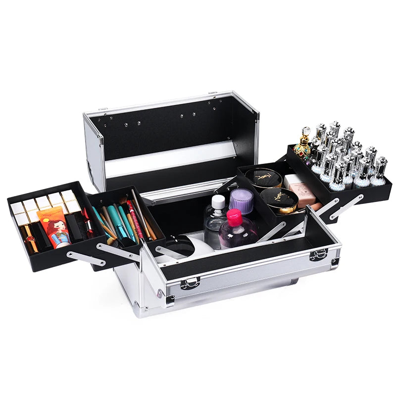 Makeup Train Box With Professional Adjustable 4 Trays Makeup Box Makeup Storage Box With Lock And Compartment