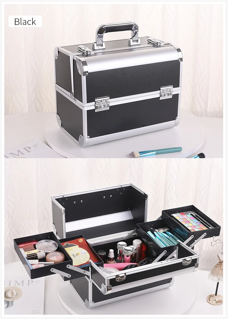 Makeup Train Box With Professional Adjustable 4 Trays Makeup Box Makeup Storage Box With Lock And Compartment