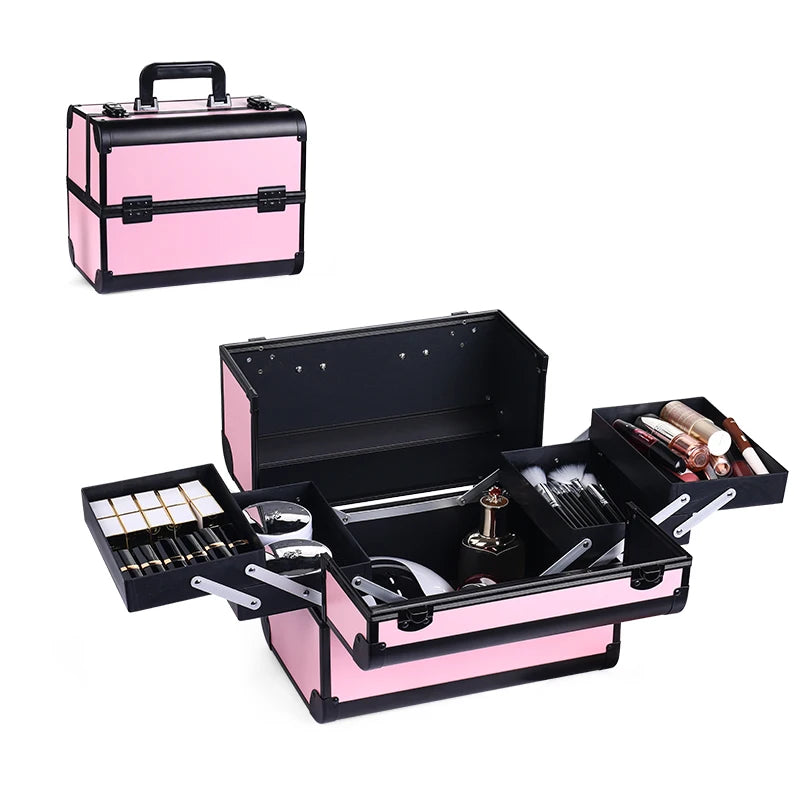 Makeup Train Box With Professional Adjustable 4 Trays Makeup Box Makeup Storage Box With Lock And Compartment