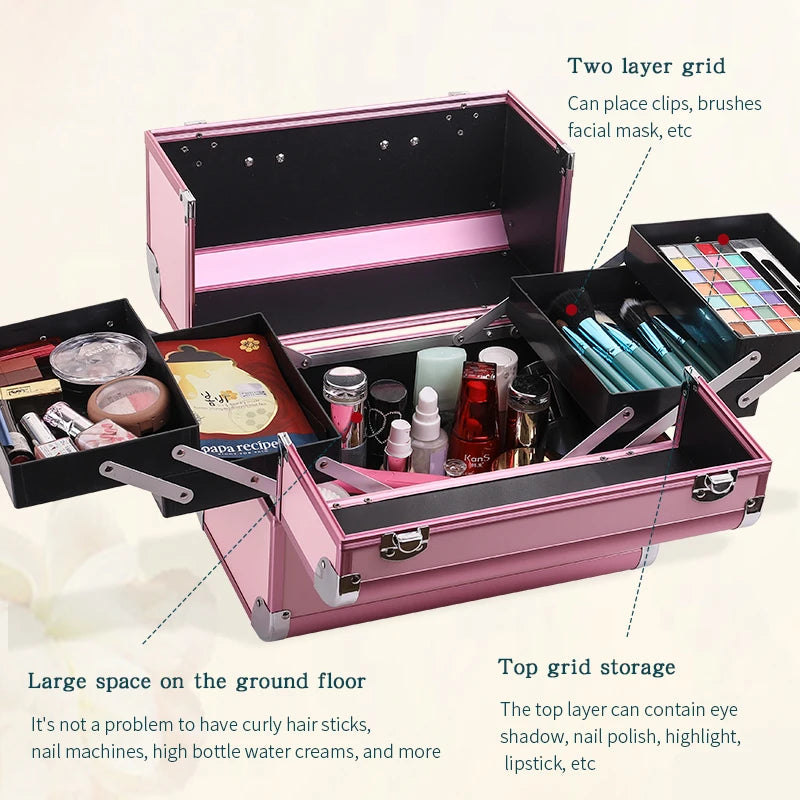Makeup Train Box With Professional Adjustable 4 Trays Makeup Box Makeup Storage Box With Lock And Compartment