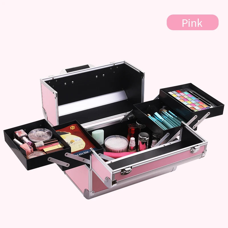Makeup Train Box With Professional Adjustable 4 Trays Makeup Box Makeup Storage Box With Lock And Compartment